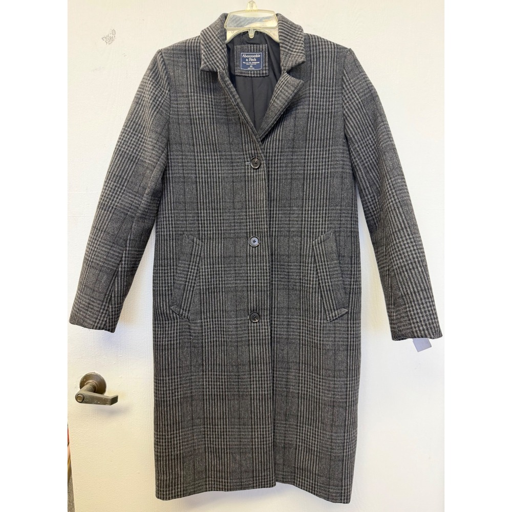 Abercrombie & Fitch Grey Plaid Wool Blend Dad Coat Longline Overcoat XS